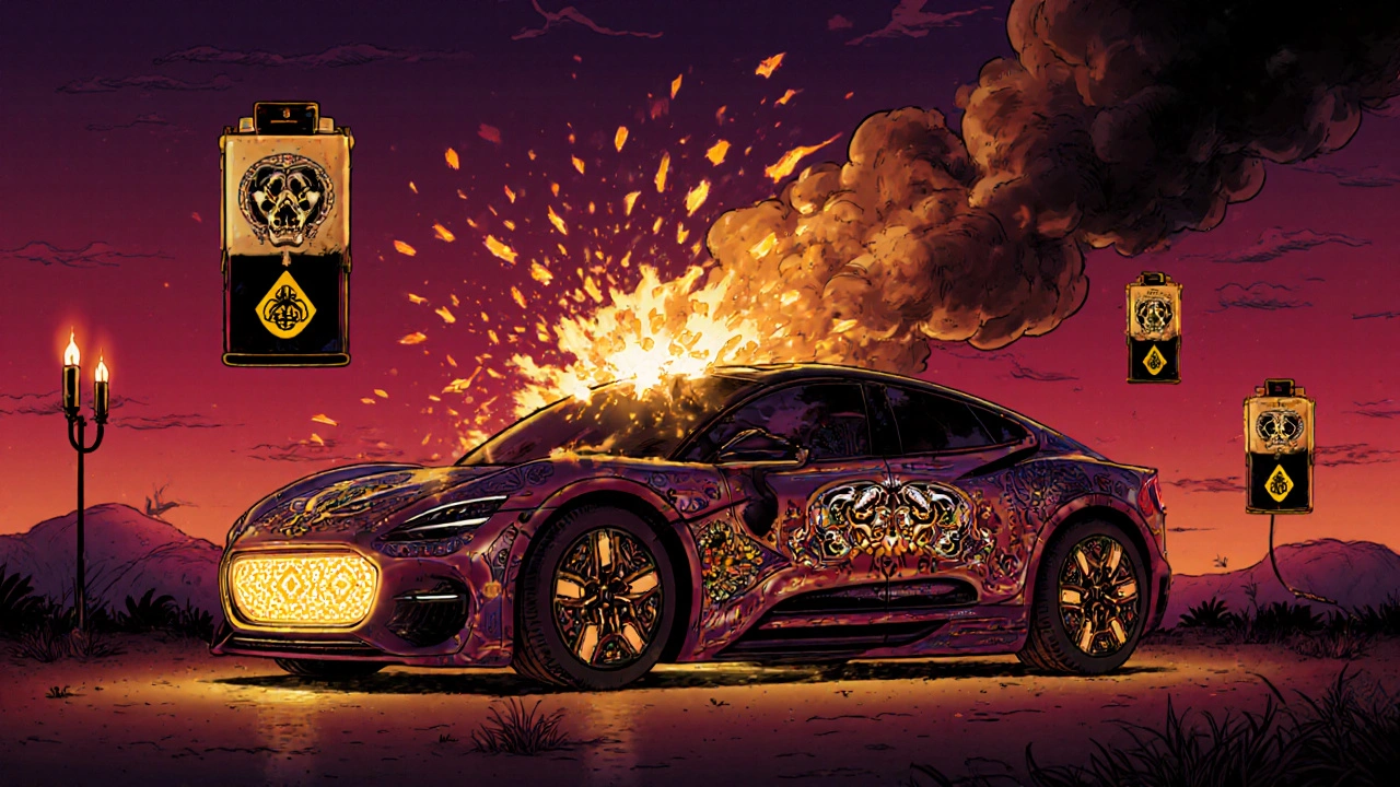 A futuristic electric car with alebrije designs, its solid-state battery glowing as a sacred altar, while a broken lithium-ion battery explodes in skeleton fragments.