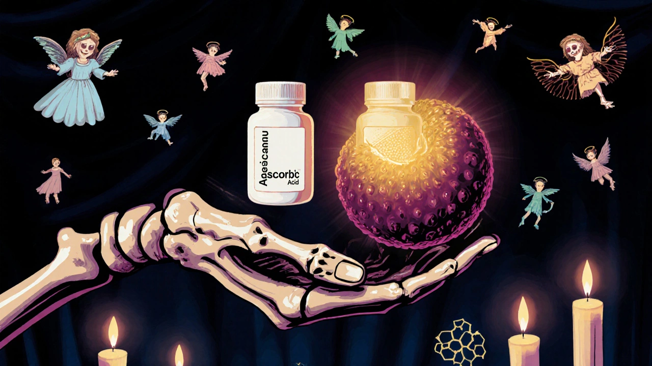 A skeletal hand offering two vitamin C forms: a dull pill and a glowing berry, with spiritual co-factors floating nearby.