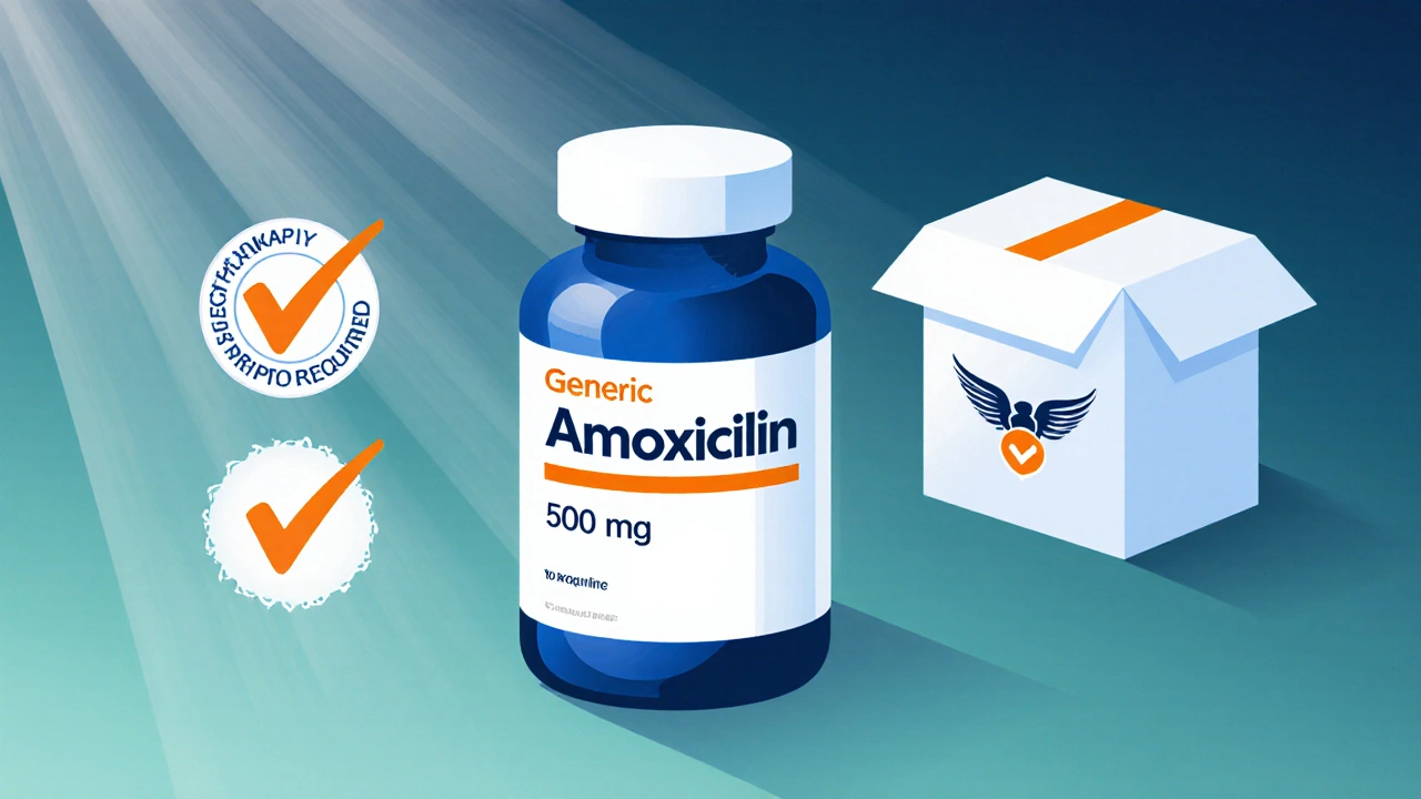 Amoxicillin bottle with check marks and courier box symbolizing verified purchase.