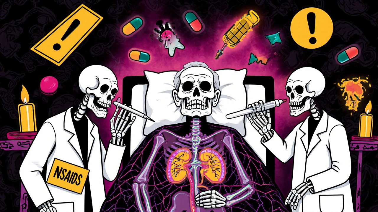 An elderly patient's translucent body shows damaged kidneys and nerves, while two skeletal figures whisper dangerous drugs, all in vibrant alebrije art style.