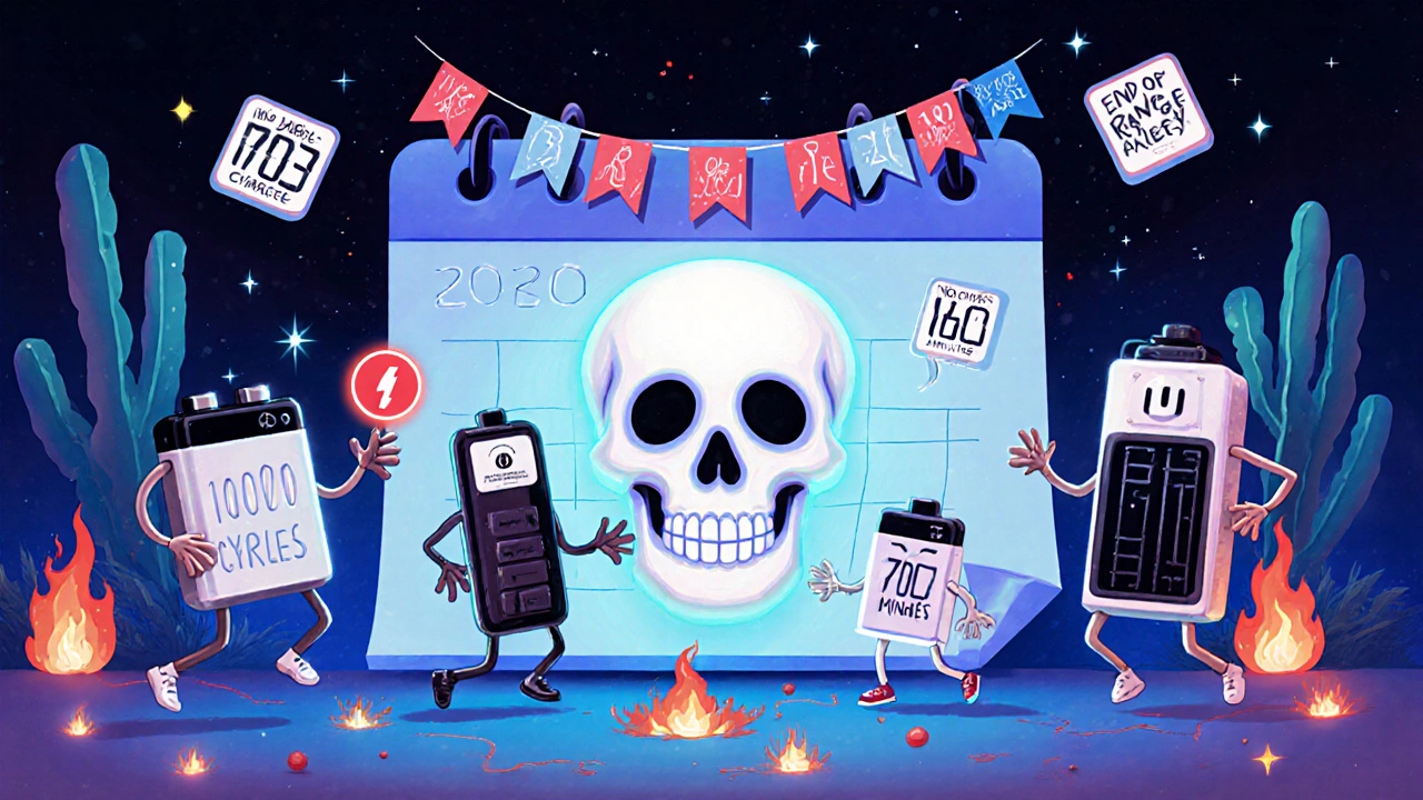 Animated battery spirits dancing around a glowing 2030 calendar, surrounded by symbols of long life, fast charging, and safety in Day of the Dead art style.
