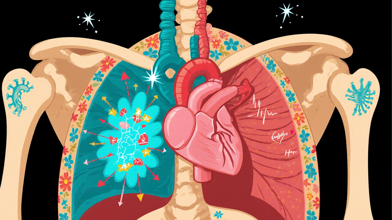 Body cutaway showing skeleton organs, beta2 receptors lighting up, and jittery sparks.