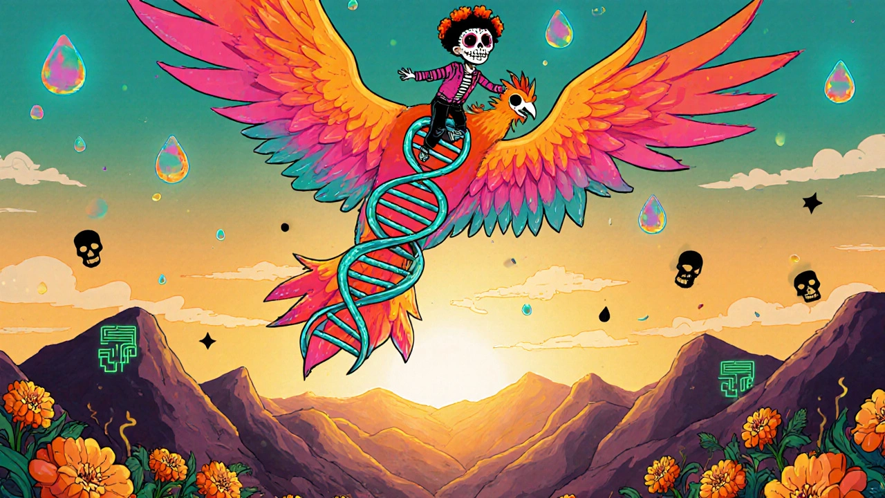 Calavera child riding a DNA phoenix with liquid‑biopsy droplets and AI patterns above a sunrise landscape.