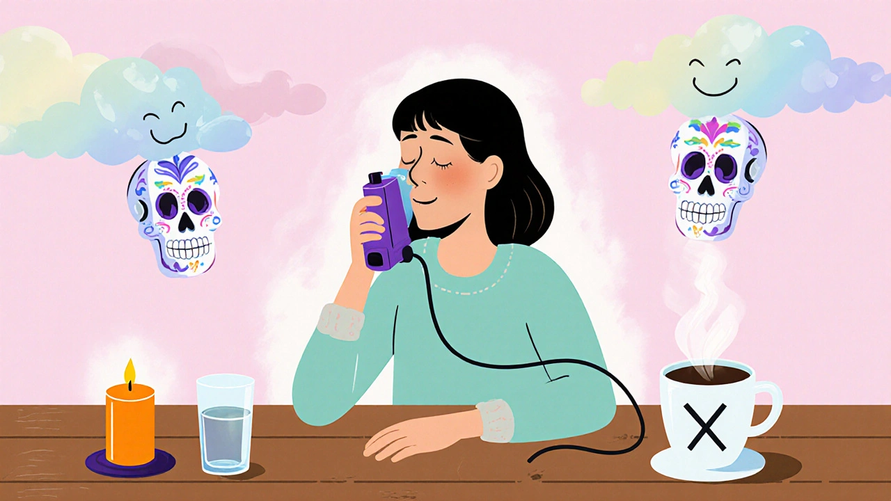 Calm figure using a spacer inhaler beside a marigold candle and crossed‑out coffee cup.