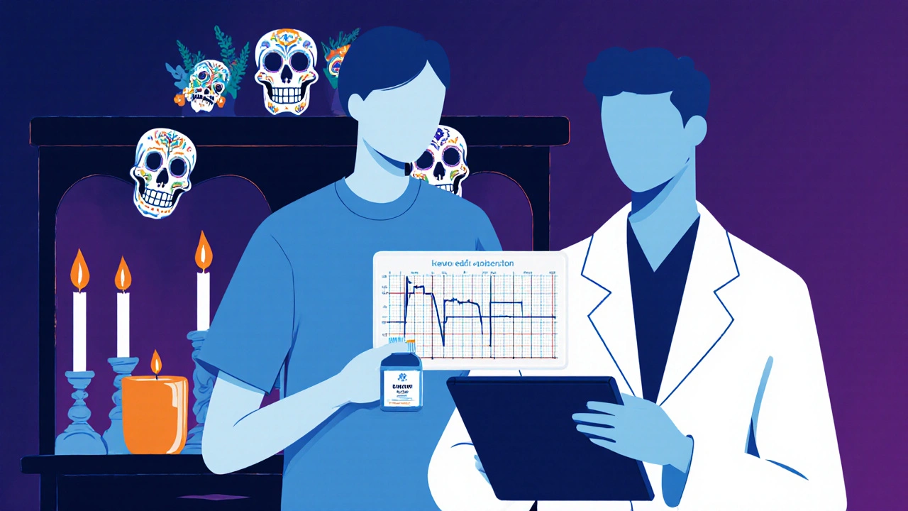 Clinician reviewing an ECG beside a patient holding a domperidone bottle near a Day of the Dead altar.