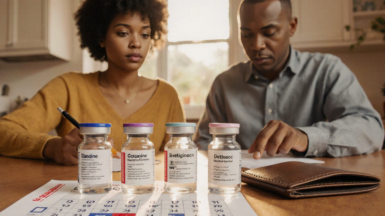Couple reviewing insulin options on a kitchen table with vials and wallet.