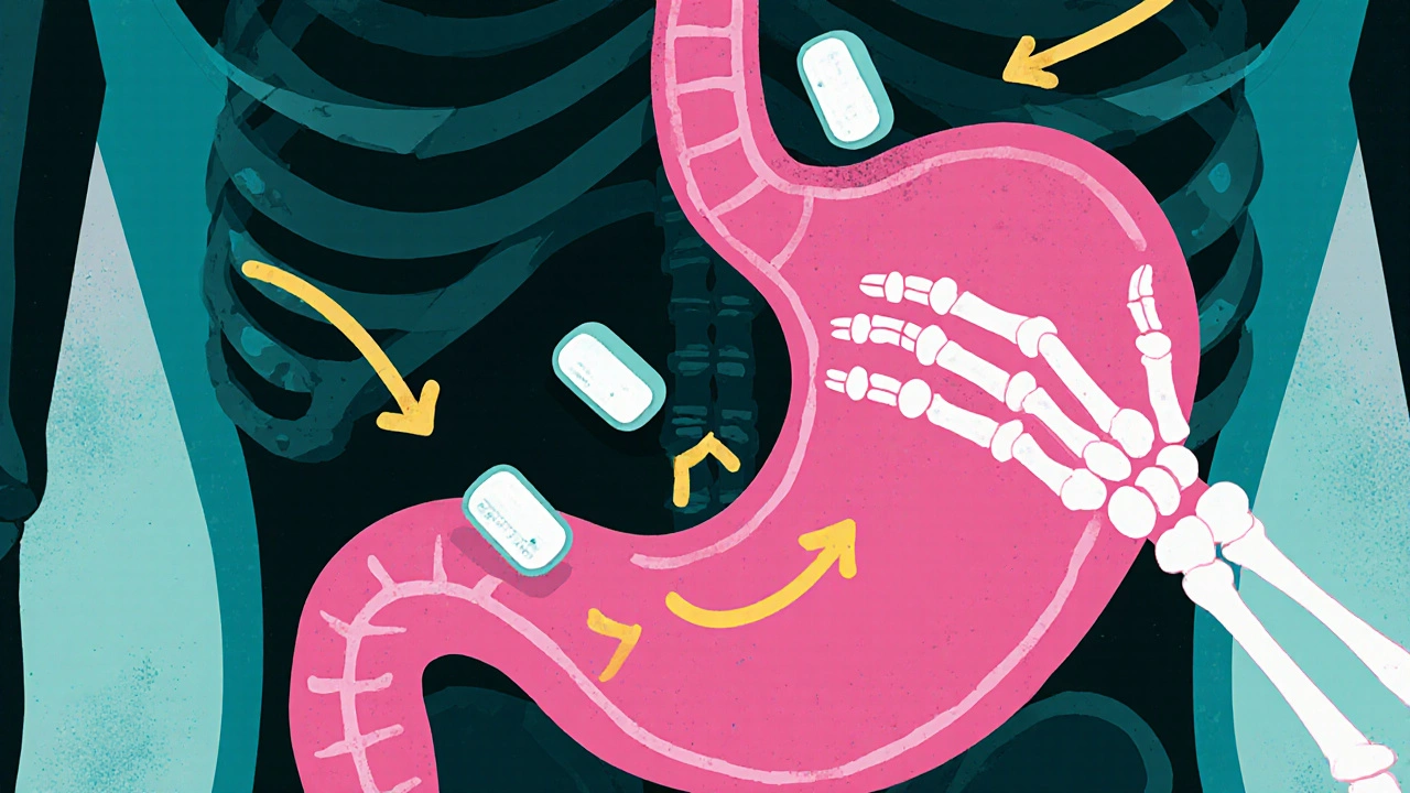 Cross‑section of stomach and brain showing domperidone tablets blocking dopamine receptors.