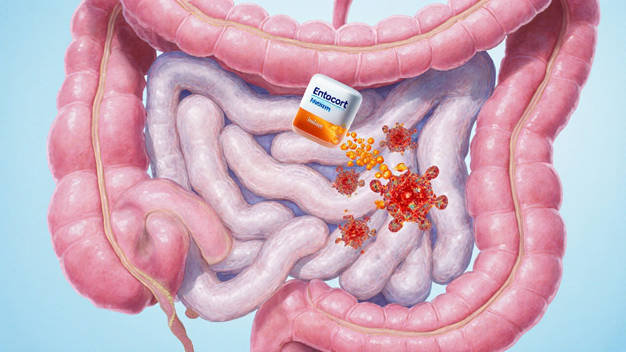 Cross‑section view of a capsule releasing budesonide in the ileum.