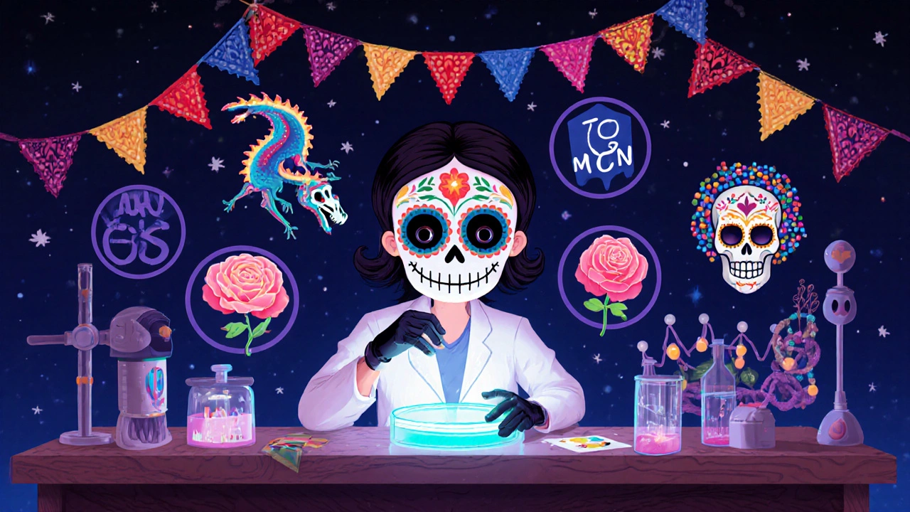 Day of the Dead lab showing ornate ALK, GD2, MYCN, and mTOR icons on a decorated bench.