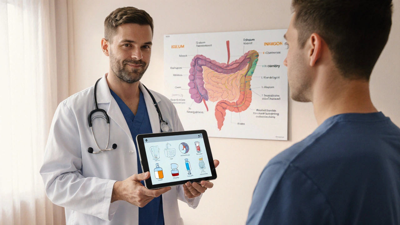 Doctor consulting a patient about IBD treatment options with visual icons.