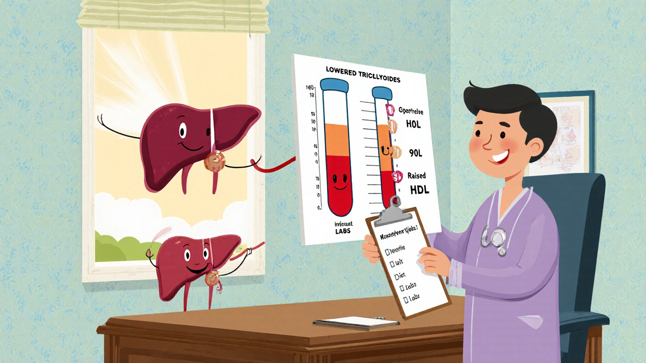 Doctor reviews blood test results with patient, kidney and liver icons, emphasizing monitoring.