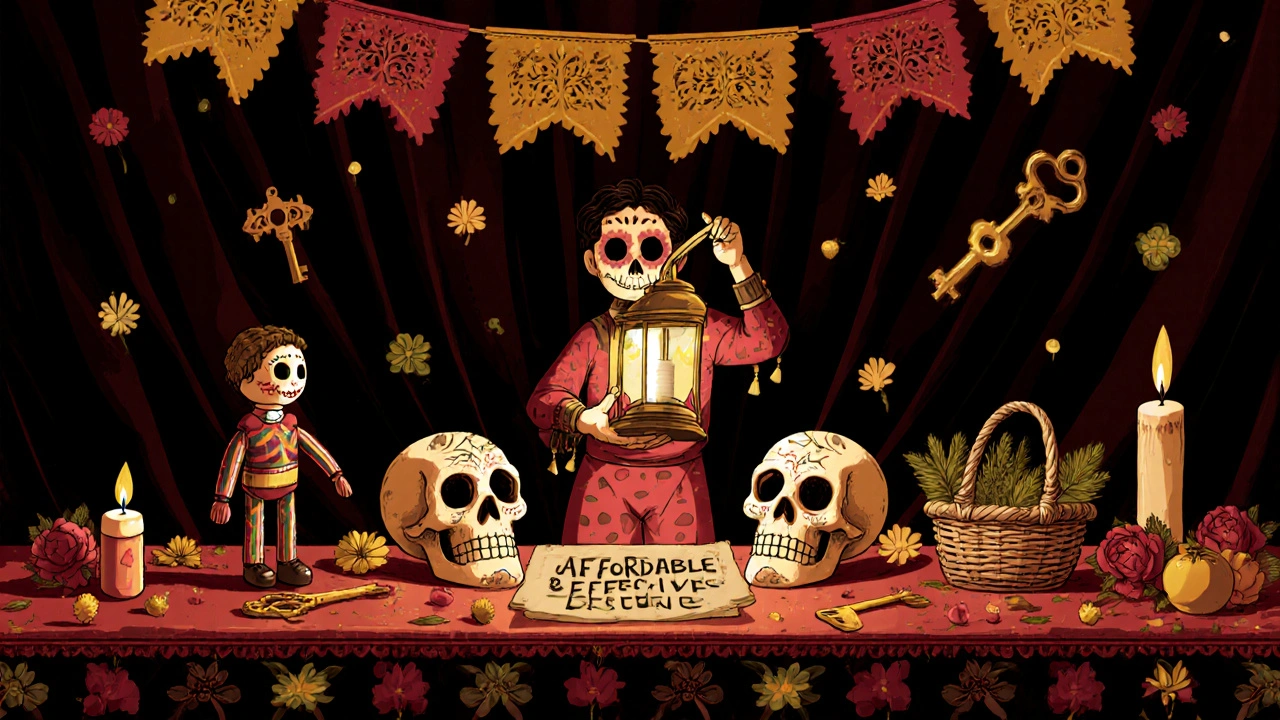 Festive altar comparison of GI motility treatments with symbolic skulls and flowers, bethanechol as central clay pill, papel picado in background.