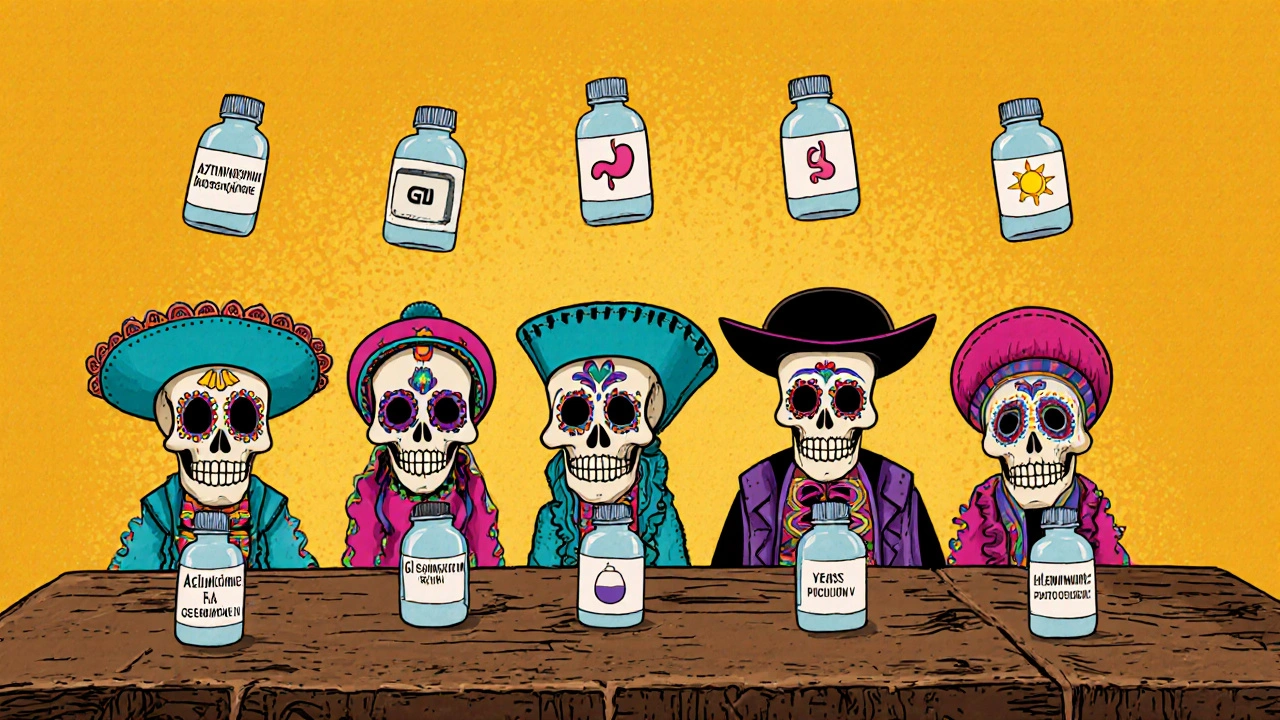 Five Day of the Dead skulls displaying different antibiotics with side‑effect icons above.