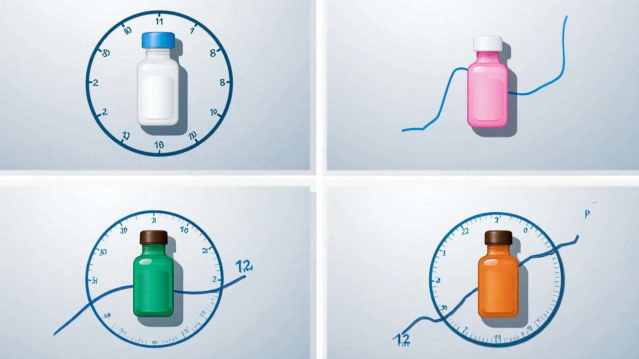 Four insulin vials illustrated with visual cues for duration and peak profiles.
