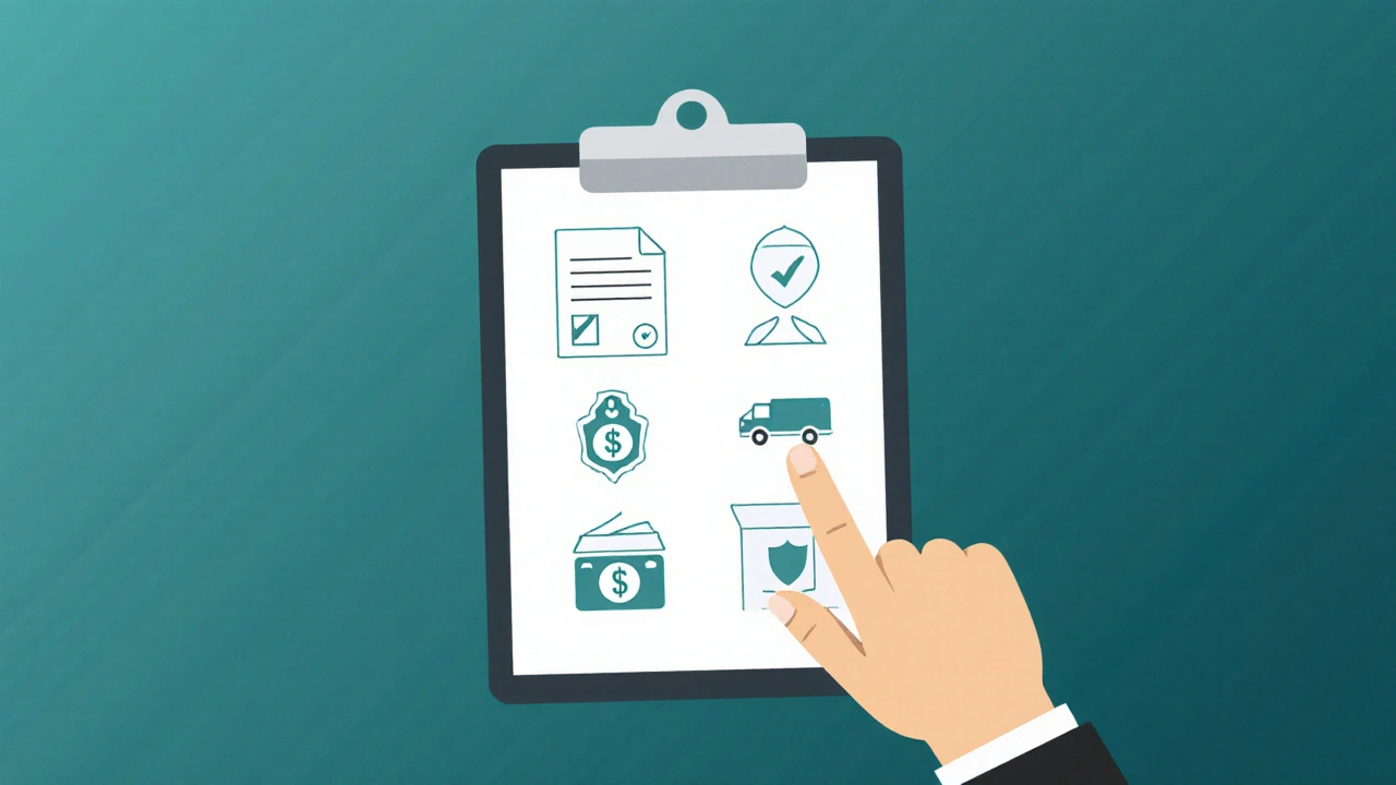 Hand holding clipboard with icons for prescription, verification, price, shipping, and payment.