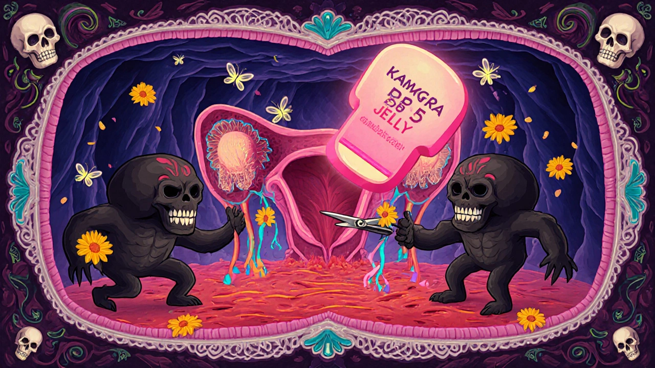 Illustrated cross‑section showing nitric oxide, cGMP, and sildenafil blocking PDE5 with skull characters.
