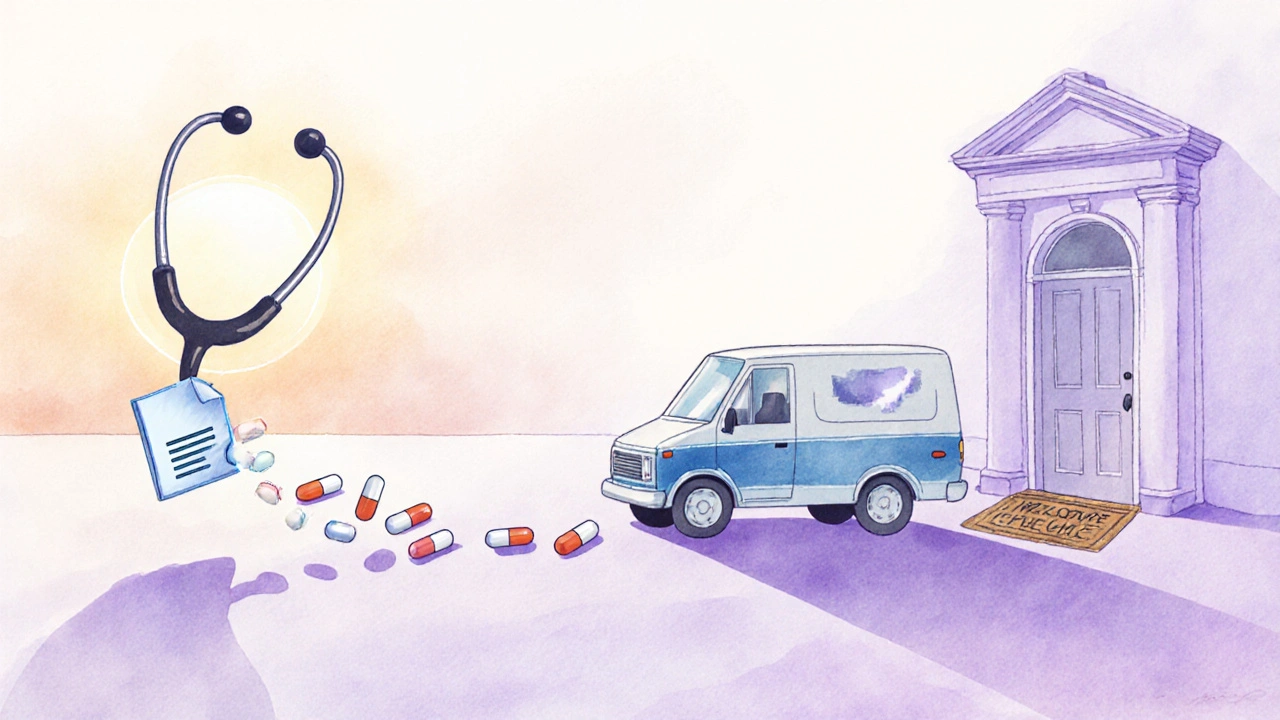 Illustration of prescription turning into digital file, courier van, and home delivery.