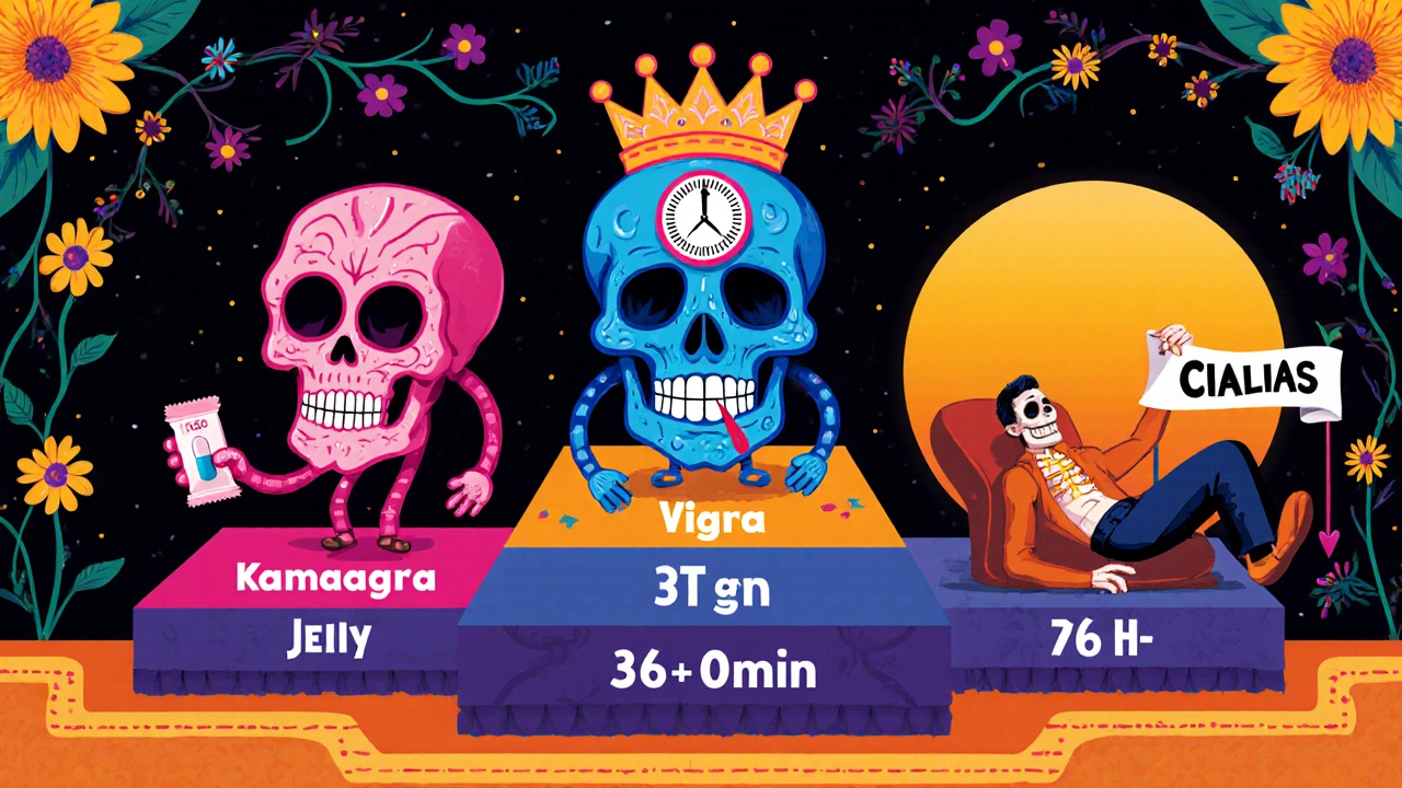 Mural of calavera figures representing different ED drugs, each labeled with onset and duration.