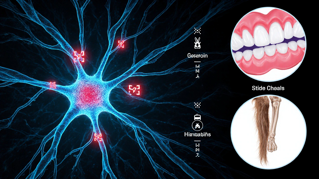 Neuronal network showing phenytoin blocking sodium channels and side‑effect icons.