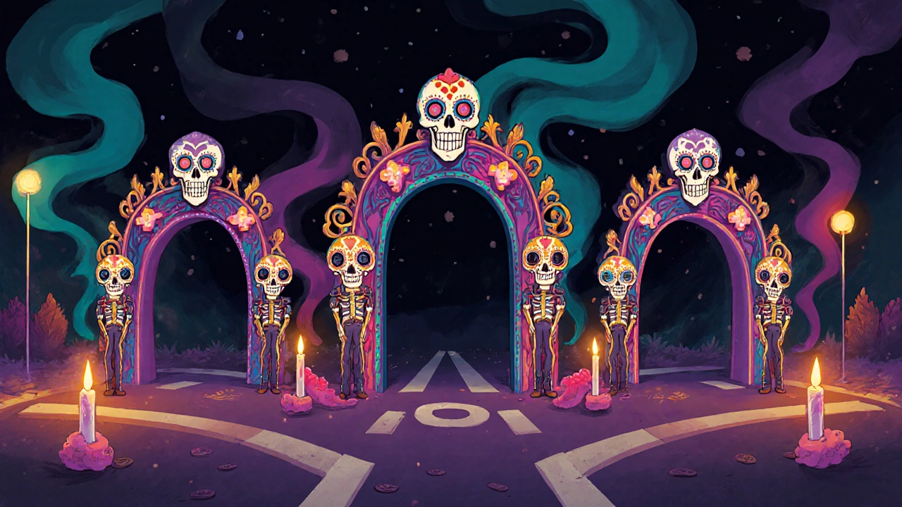 Nighttime crossroads with decorated skull guardians indicating medication choices.