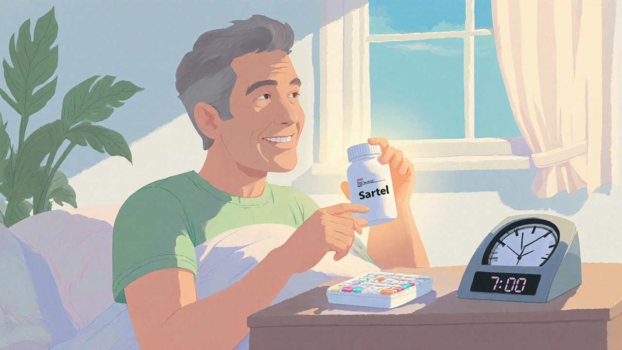 Patient confidently taking a single Sartel tablet during a morning routine.