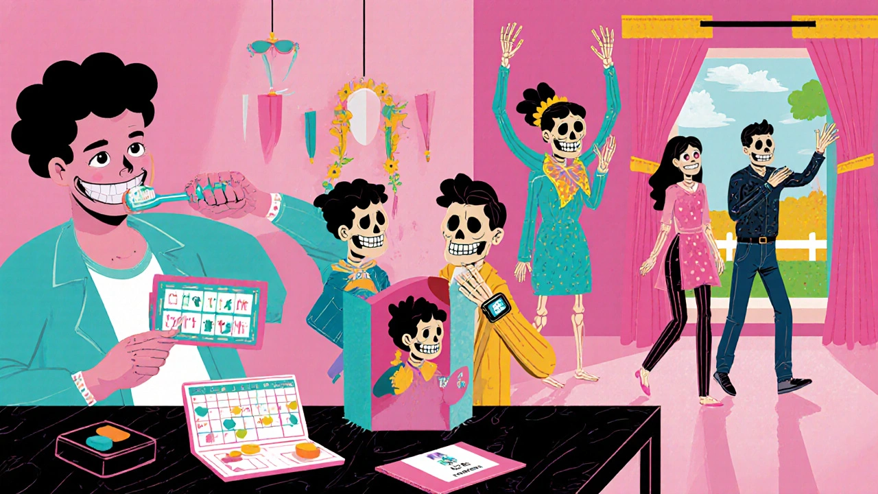 Patient follows daily habits—pill organizer, alarm, walking—while family members encourage them.