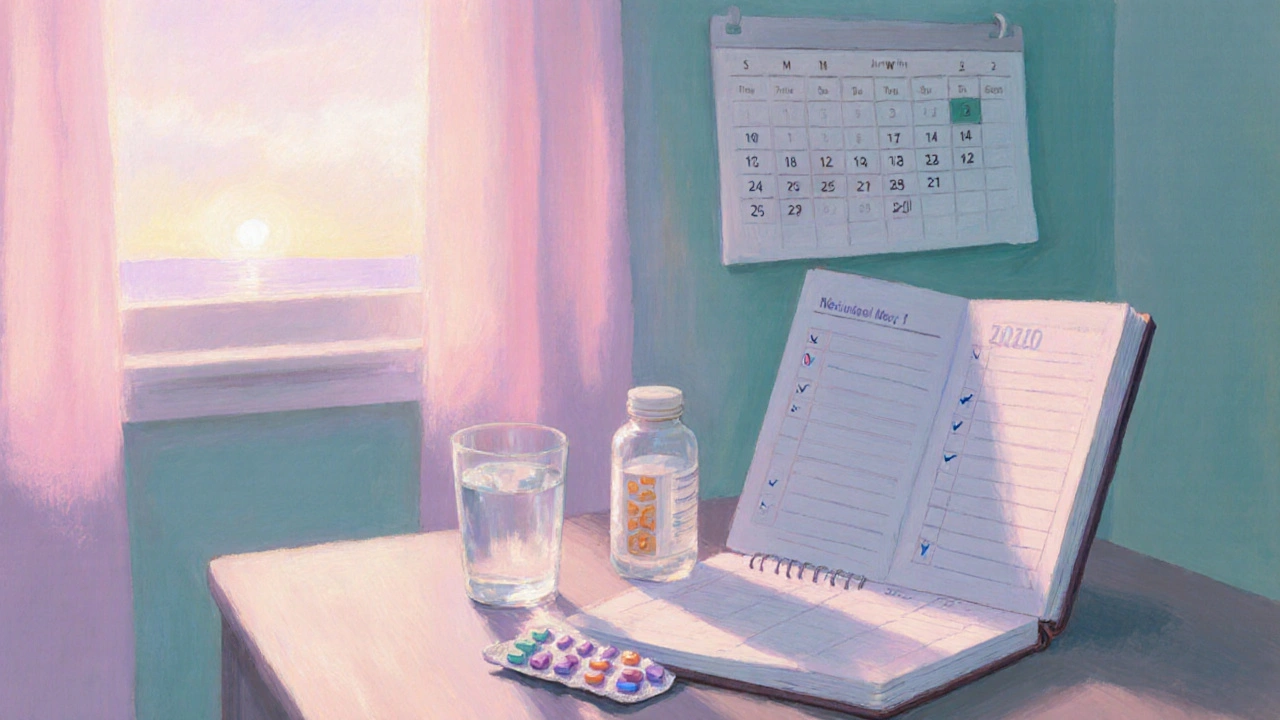 Patient taking tablet by bedside, with medication diary and calendar for monitoring.