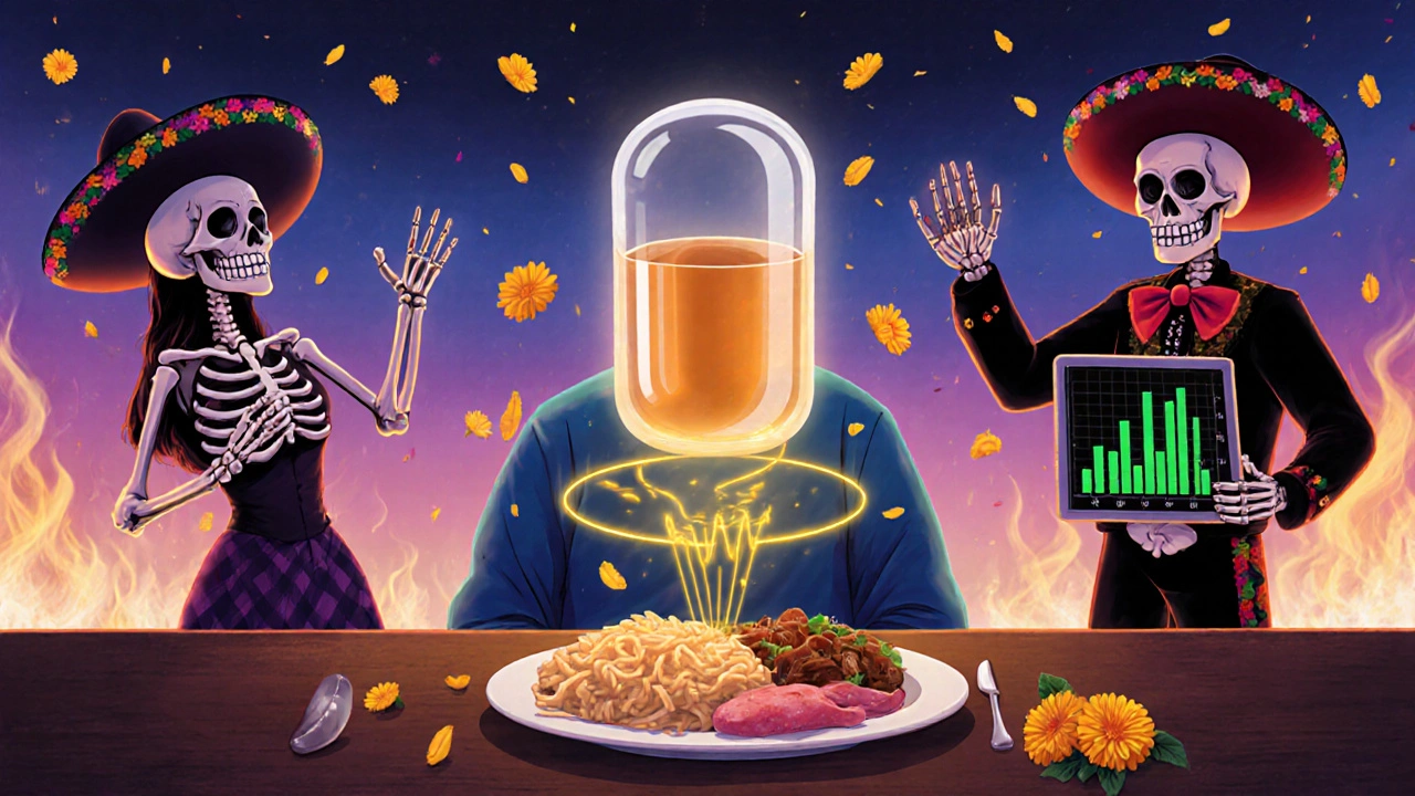 Patient with floating bethanechol pill activating stomach muscles, skeletal figures cheering, marigold petals, warm twilight glow.