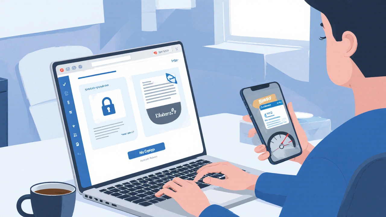 Person at desk viewing a secure online pharmacy page with padlock and verification badge icons.