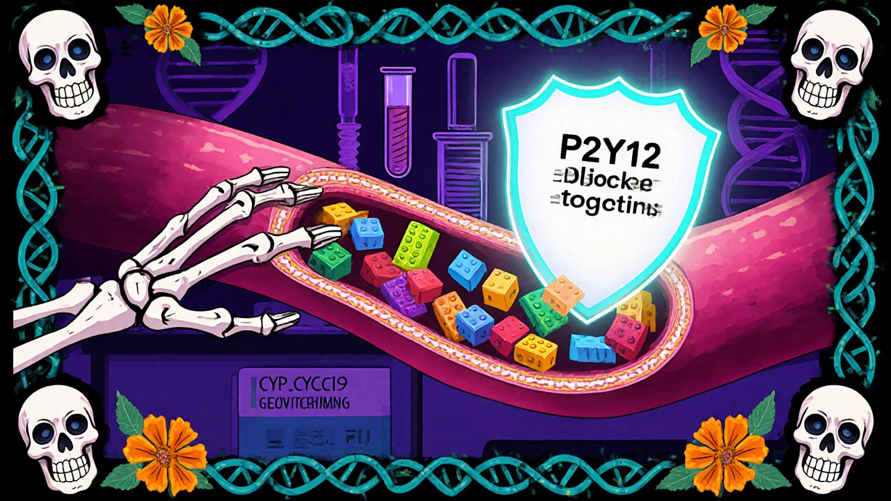Platelets as tiny bricks are blocked from forming a clot by a P2Y12 shield inside an artery.