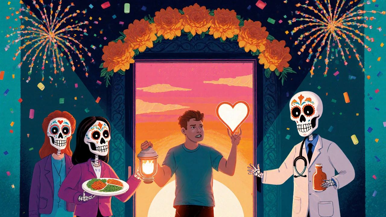 Recovered adult leaving clinic with a lantern, guided by a friendly sugar‑skull, team members nearby.