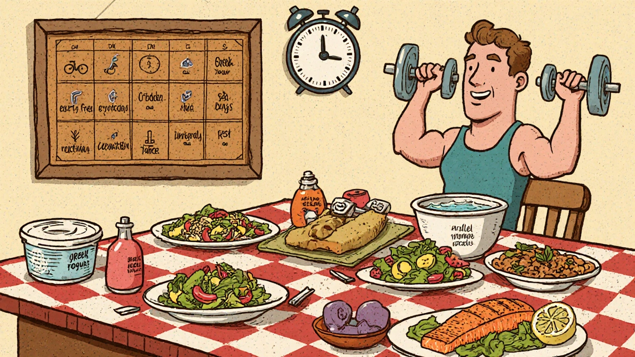 Retro kitchen shows Mediterranean weekly meals and a wall chart of cardio and resistance workouts.