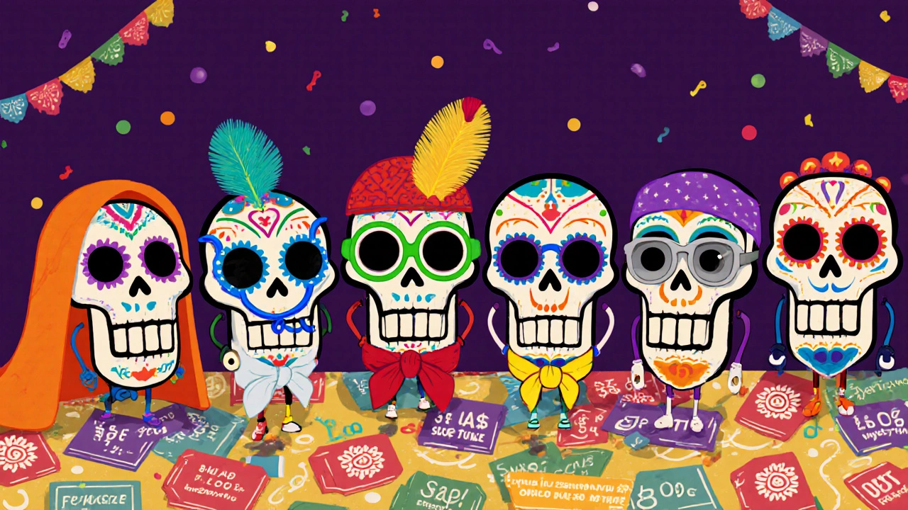 Seven sugar‑skull antibiotic characters display uses, dosing, side effects, and cost.