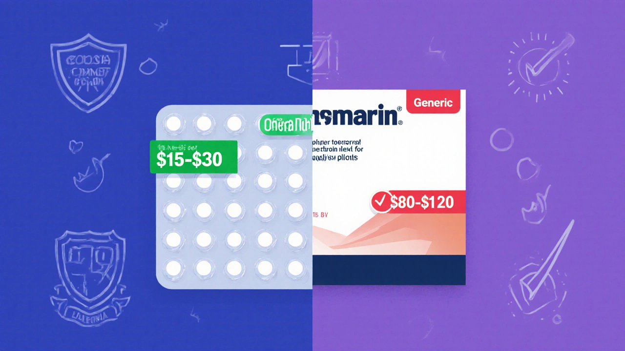 Side‑by‑side illustration comparing generic and brand Premarin tablets with price tags.