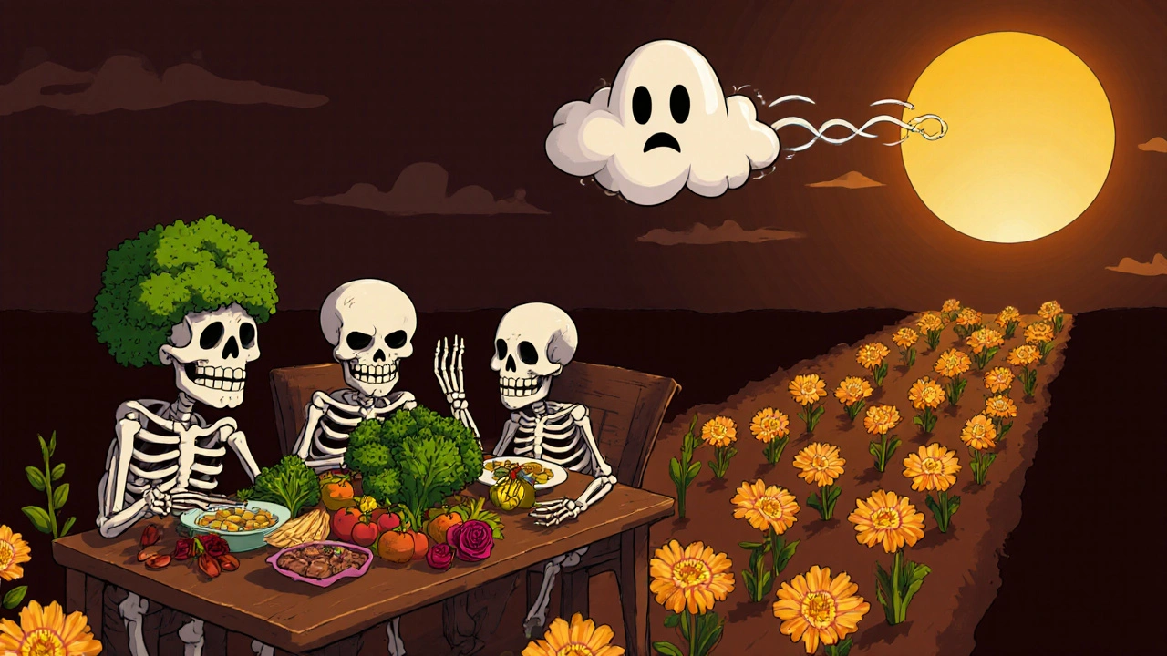 Skeletal figures eating whole foods while synthetic vitamin C fades away, under a glowing sun in Day of the Dead aesthetic.