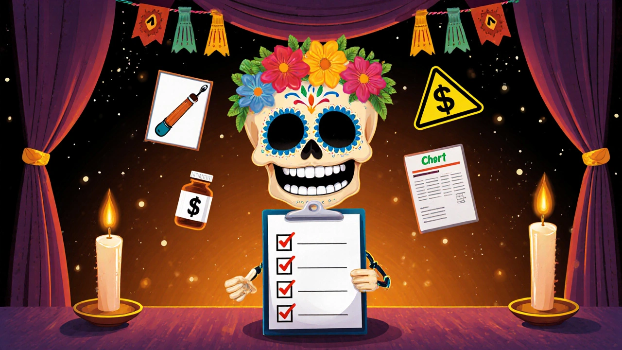 Skull holding checklist with icons for pathogen, allergy, medication, cost, and chart.