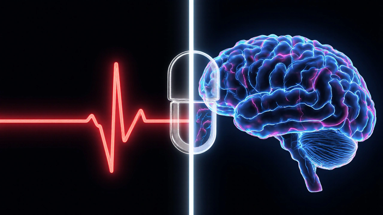 Split illustration showing an ECG line with a tricyclic pill and a calm brain with serotonin pathways.