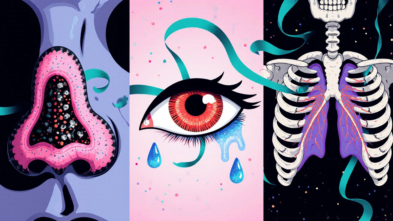 Split scene of skull‑decorated nose, red watery eye, and skeletal lungs linked by turquoise ribbons.