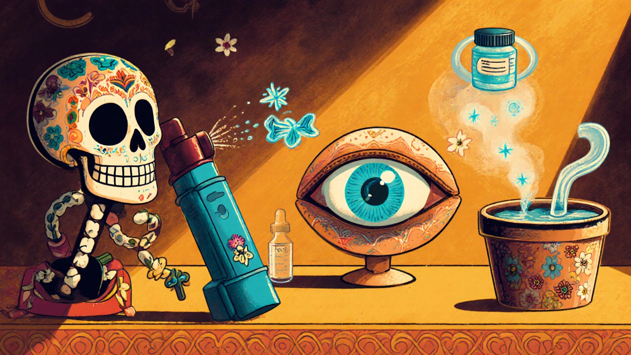 Sugar‑skull character using inhaler, nasal spray, eye drops, and a HEPA filter in a bright room.