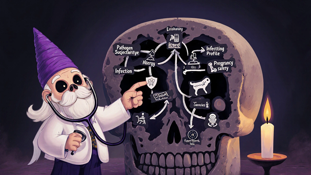 Sugar‑skull doctor pointing at a branching diagram of antibiotic selection factors.