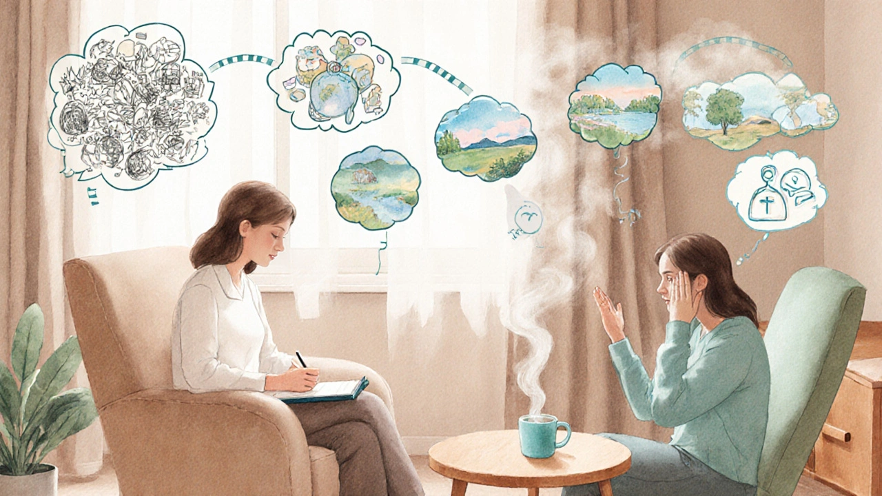 Watercolor of a therapy session with thought bubbles changing from chaotic to peaceful images.