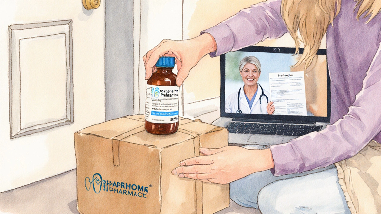 Woman opening discreet parcel of generic Premarin while doctor appears on laptop video call.