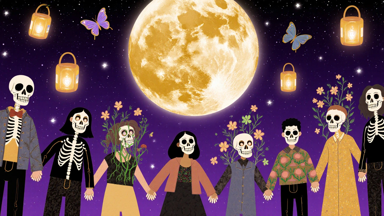 A circle of people with skull designs turning into flowers, under a gentle skull moon and floating lanterns.
