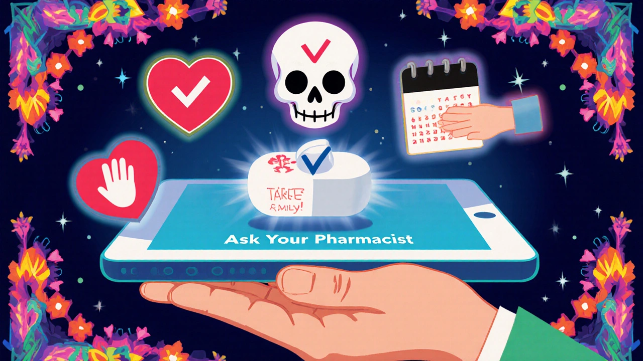 A floating tablet screen identifying a pill with a smiling skull icon, surrounded by symbolic health icons in vibrant colors.