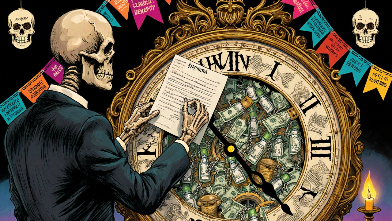 A money-suited skeleton places a patent into a clock trapping generic drugs, with legal documents as gears and papel picado banners overhead.