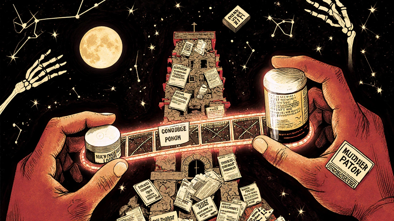 A patient holds generic and branded pills, with a bridge of protest flyers leading away from a crumbling pharmacy under a sky shaped by medicine constellations.