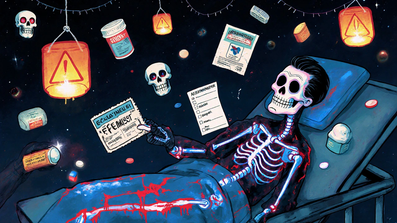 A patient on a hospital gurney has glowing veins as a skeleton pharmacist offers a safe medication card, with sugar skulls and warning lanterns floating above.