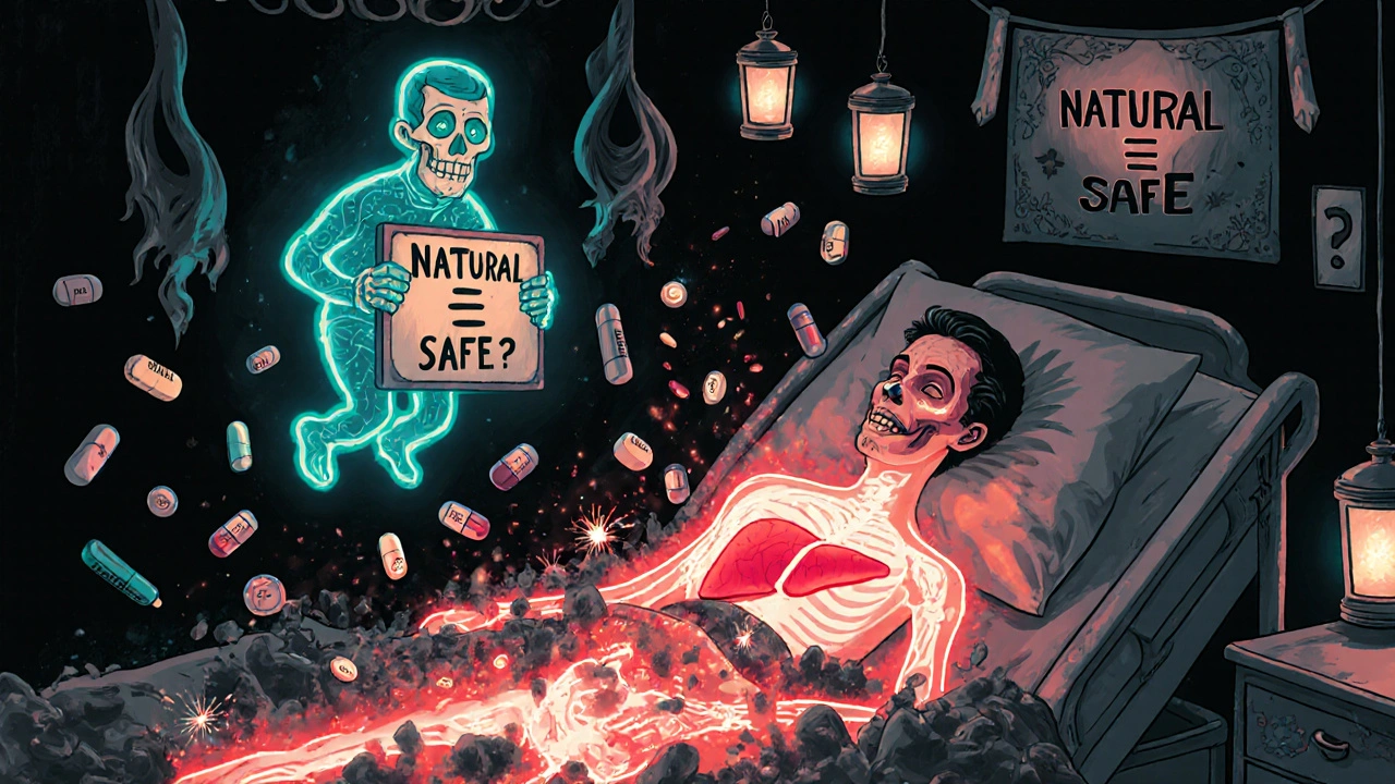 A patient’s transparent body shows a fiery liver destroying medications, with spectral herbalist figure above in Day of the Dead style.