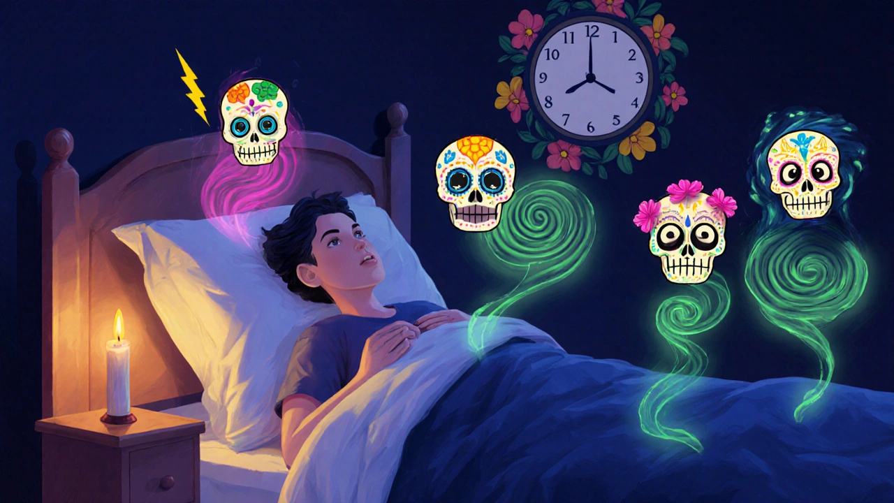 A person in bed with withdrawal symptoms rising as spectral sugar skulls shaped like dizziness, brain zaps, and nausea.