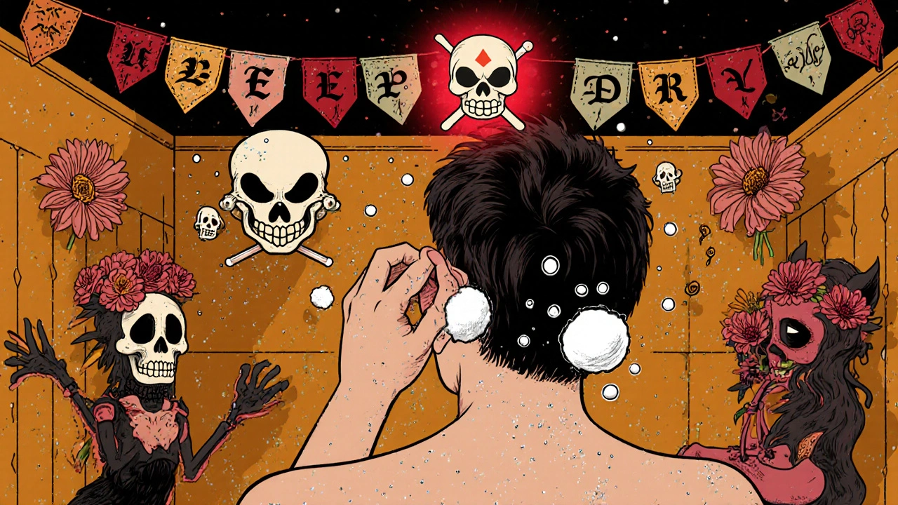 A person showering with a protected ear, water droplets repelled by marigolds, while cotton swab skulls warn against insertion.